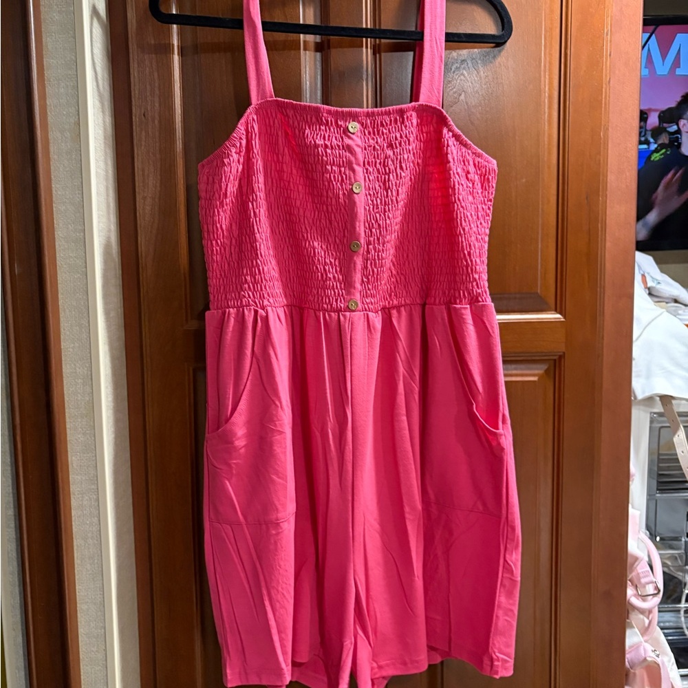 Bright Pink Sleeveless Romper with Button Front